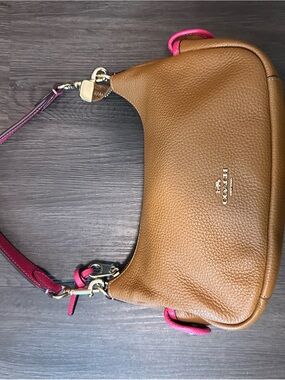 Coach Pebbled Leather Shoulder Bag in Brown with Pink Trim